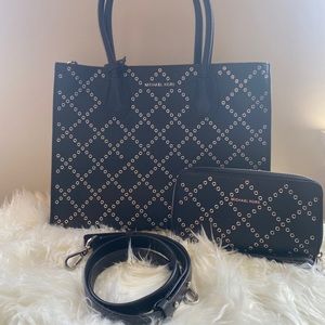 Michael Kors black Mercer studded bag and wallet